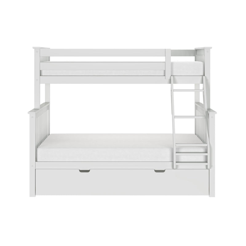 White wooden twin-over-full bunk bed with ladder, safety rails, and built-in under-bed storage drawer