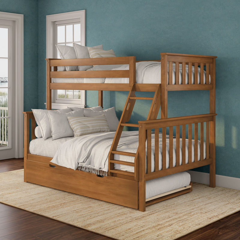 Solid wood bunk bed with pull-out trundle and angled ladder in a coastal teal bedroom with white linens, striped pillows, hardwood floor and woven rug