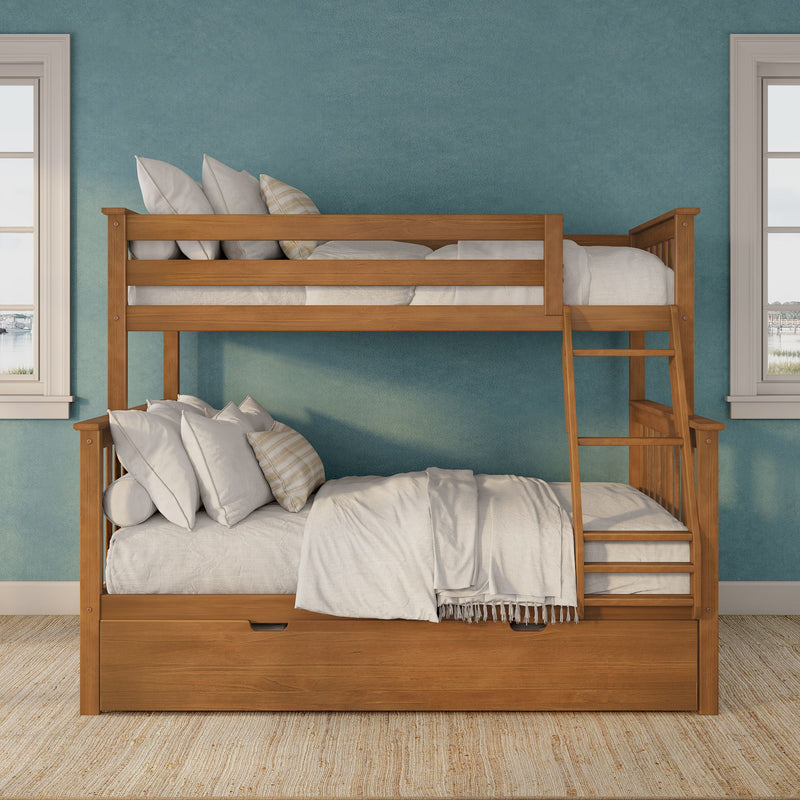 Solid wood twin-over-full bunk bed with ladder and under-bed storage drawer, neutral white linens and plaid accent pillows against a teal textured accent wall flanked by windows in a modern kids' bedroom