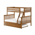 Solid wood twin-over-full bunk bed with ladder and under-bed storage trundle in natural oak finish, slatted guardrails and white mattresses