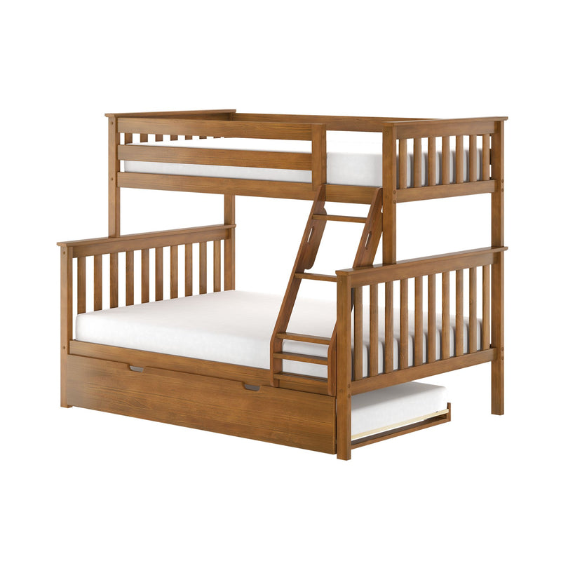 Solid wood twin-over-full bunk bed with ladder and under-bed storage trundle in natural oak finish, slatted guardrails and white mattresses