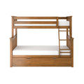 Wooden twin-over-full bunk bed with ladder and under-bed storage drawer, solid wood natural finish and white mattresses