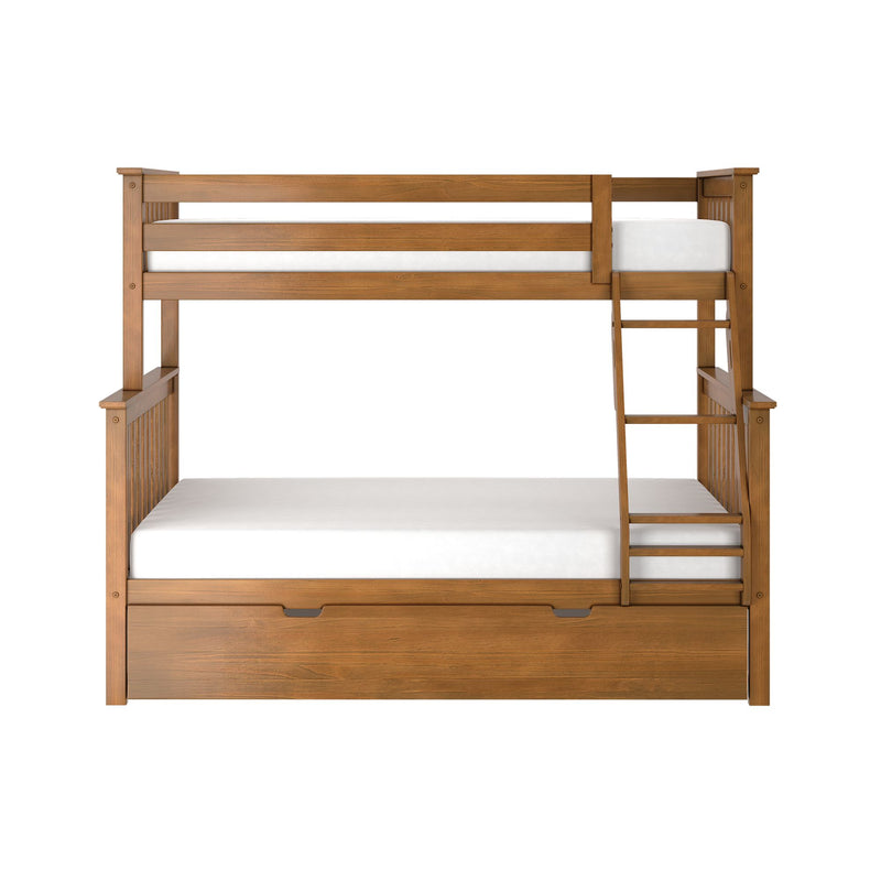 Wooden twin-over-full bunk bed with ladder and under-bed storage drawer, solid wood natural finish and white mattresses