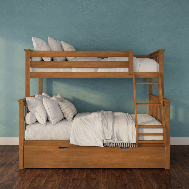 Wooden bunk bed with ladder and white bedding against a teal textured wall — solid wood frame and cozy kids' bedroom decor