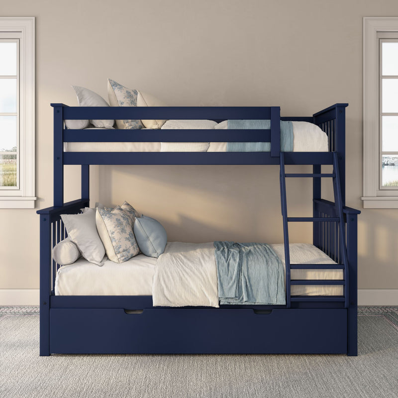 Navy blue wooden bunk bed with ladder and under-bed storage drawer, white and blue bedding and floral pillows in a bright kids’ bedroom