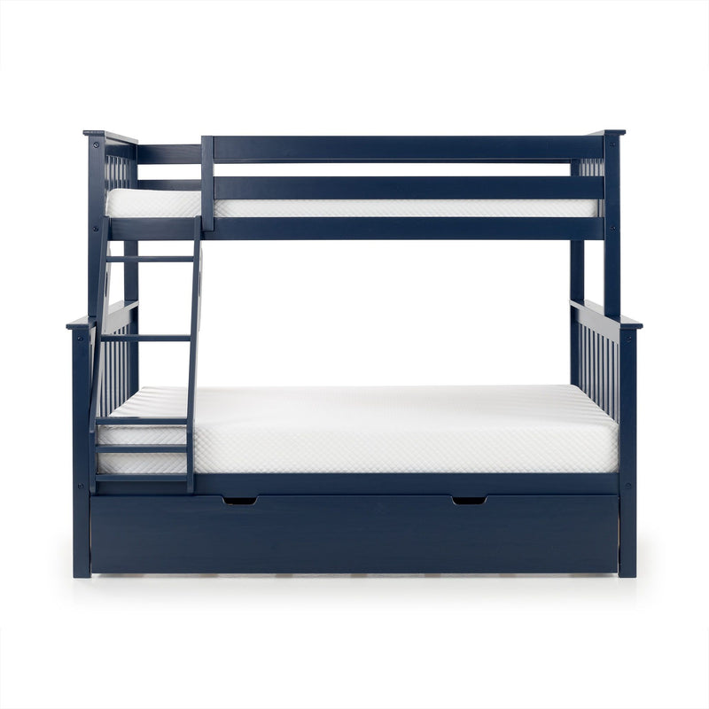 Navy blue bunk bed with ladder and under-bed storage drawer, twin-over-full wooden frame with white mattresses, modern kids bedroom furniture
