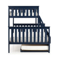 Navy blue wooden twin-over-twin bunk bed with ladder, safety rails and white mattresses — space-saving kids' bedroom furniture