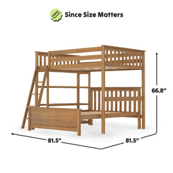 Wooden bunk bed with ladder, dimensions 81.5" x 66.8", showcasing spacious and sturdy design.