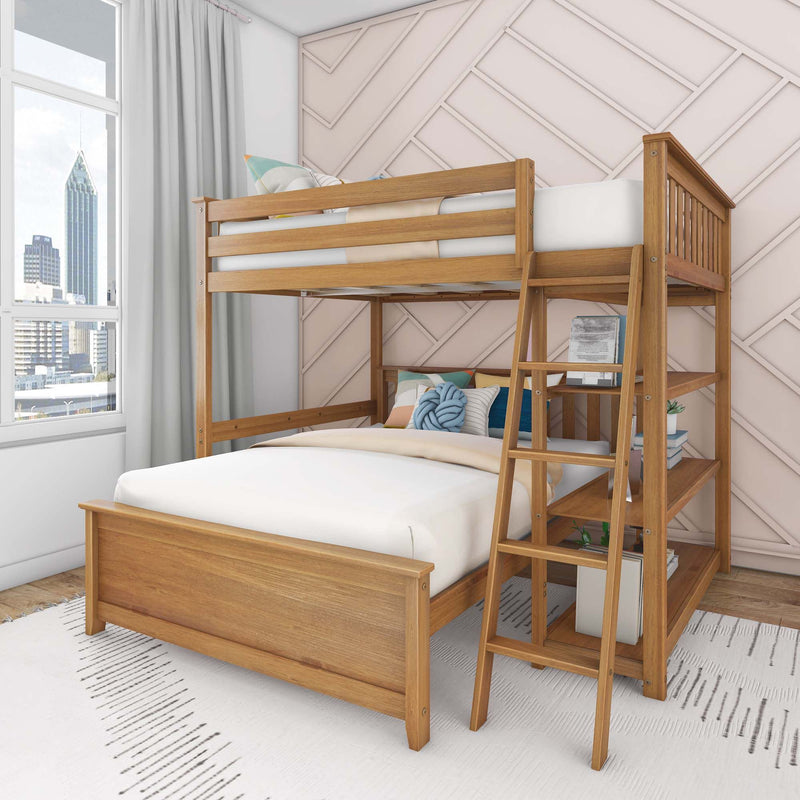 Stylish wooden loft bed with ladder in modern bedroom.