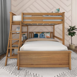 Wooden bunk bed with ladder and cozy bedding in a modern room interior.