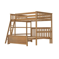 Wooden bunk bed frame with ladder and storage shelves.