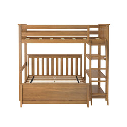 Wooden loft and bunk bed with built-in shelf ladder for small spaces.
