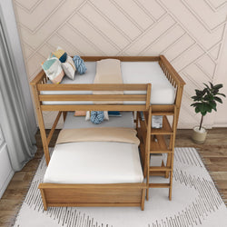 Wooden bunk bed with a built-in ladder, featuring colorful cushions, a cozy blanket, and a small potted plant in a modern bedroom setting.