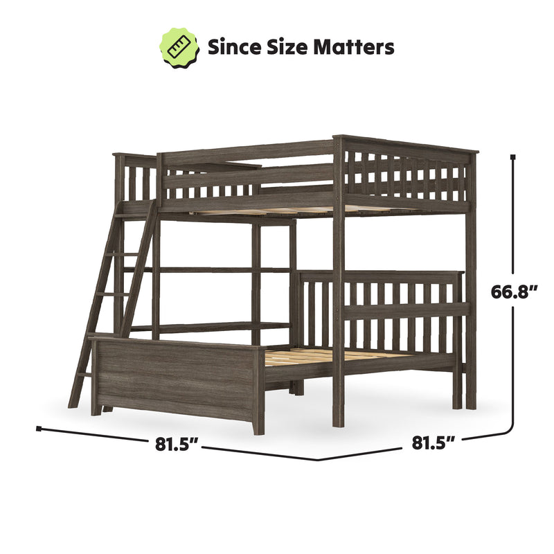 Wooden bunk bed with ladder showing dimensions of 81.5 inches length and 66.8 inches height.