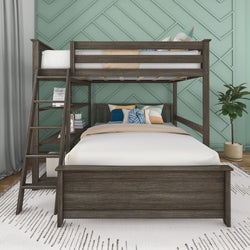 Modern wooden bunk bed in stylish bedroom with decorative pillows, mint green accent wall, and cozy ambiance.