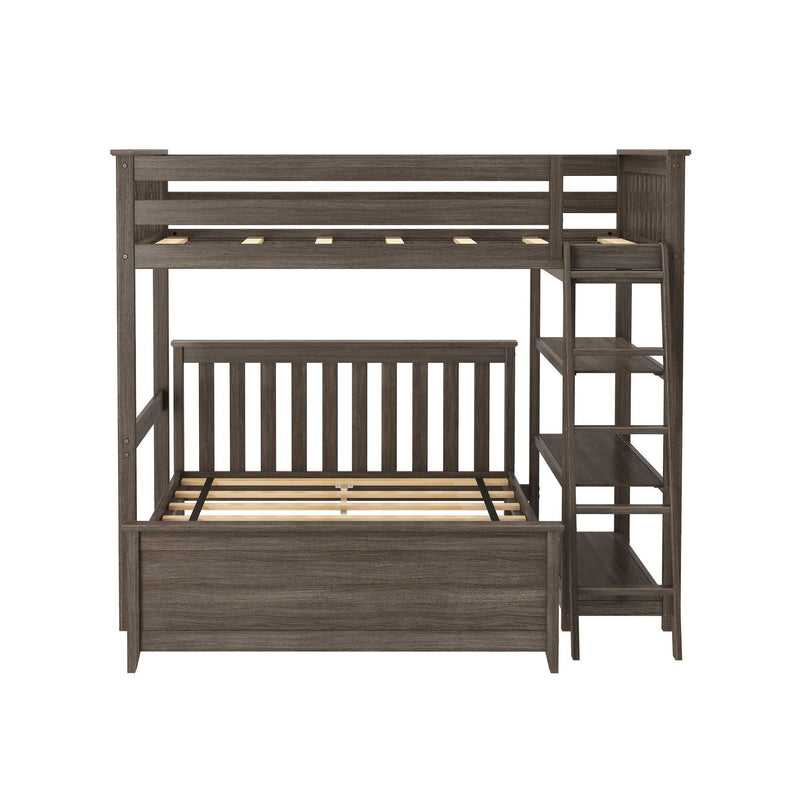 Wooden bunk bed with integrated ladder and shelves, brown finish.