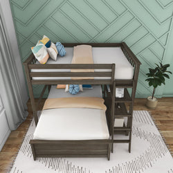Modern wooden bunk bed with stylish bedding and built-in shelving against a geometric mint green wall.