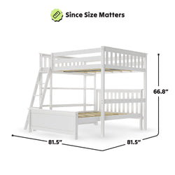 White wooden bunk bed with ladder showcasing dimensions 81.5 inches wide and 66.8 inches high.