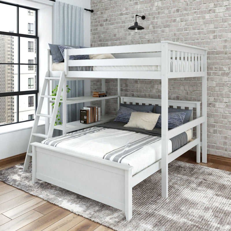 Modern loft bed with integrated desk and shelves in a stylish bedroom setting.