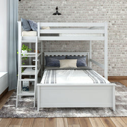 Modern white bunk bed with ladder and built-in storage, featuring cozy bedding in a stylish bedroom with brick wall.