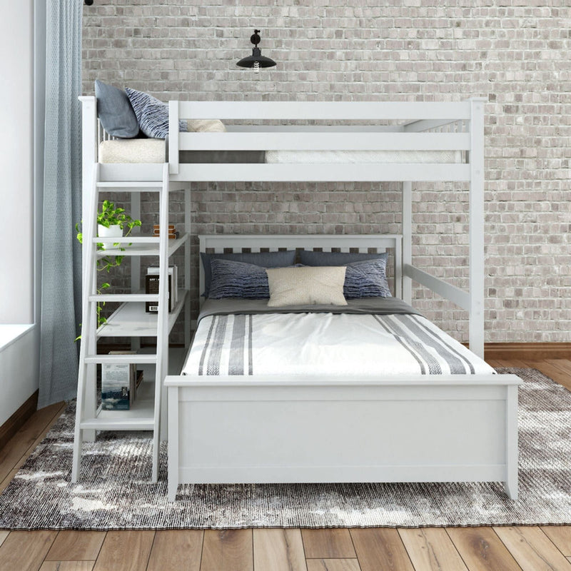 Modern white bunk bed with ladder and built-in storage, featuring cozy bedding in a stylish bedroom with brick wall.