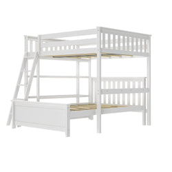 White wooden triple bunk bed with ladder, perfect for maximizing space in kids' bedrooms.