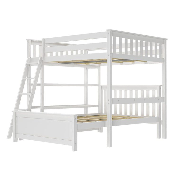 White wooden triple bunk bed with ladder, perfect for maximizing space in kids' bedrooms.