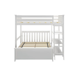 White wooden loft bed with ladder and built-in shelves for kids' bedroom furniture.