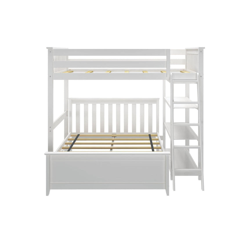 White wooden loft bed with ladder and built-in shelves for kids' bedroom furniture.