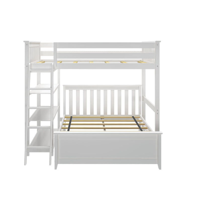 White wooden bunk bed with built-in ladder and storage shelves, perfect for maximizing space in kids' bedrooms.
