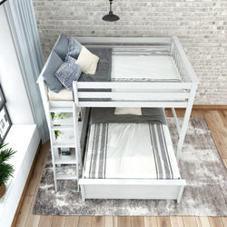 Minimalist white bunk bed with gray and white bedding in a cozy, modern bedroom setting.