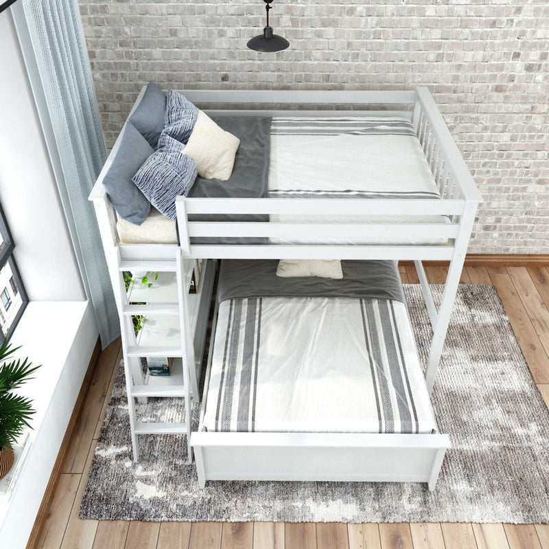 Minimalist white bunk bed with gray and white bedding in a cozy, modern bedroom setting.