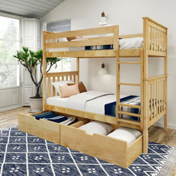 Wooden bunk bed with storage drawers in a modern bedroom, featuring patterned blue rug and natural lighting.