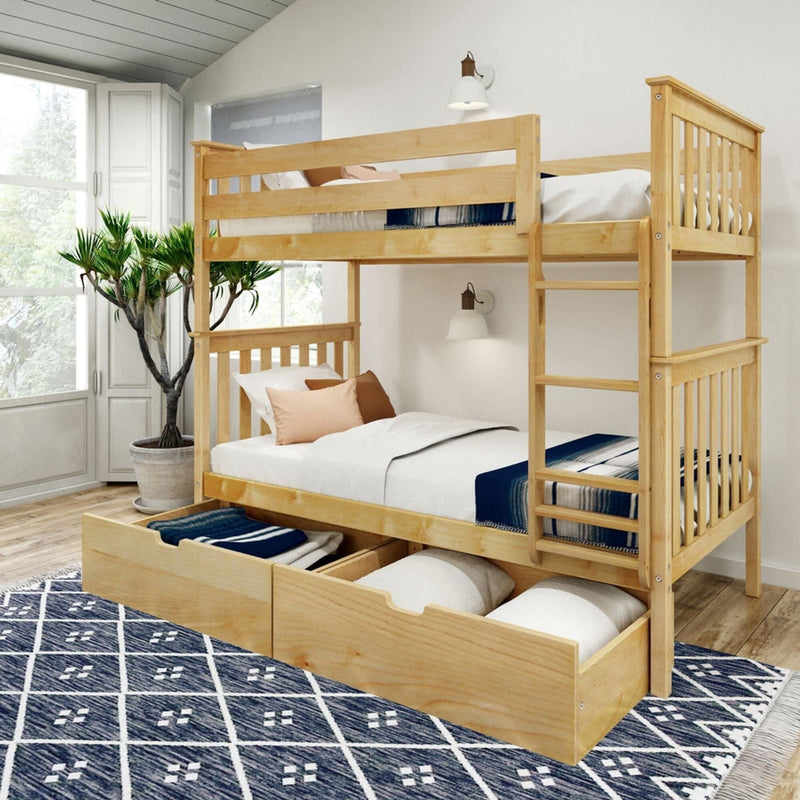 Wooden bunk bed with storage drawers in a modern bedroom, featuring patterned blue rug and natural lighting.