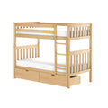 Natural wood loft bunk bed with side ladder, slatted guardrails and built-in under-bed storage drawers, modern space-saving kids' bedroom furniture