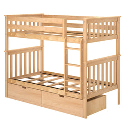 Wooden bunk bed with a ladder and storage drawers.