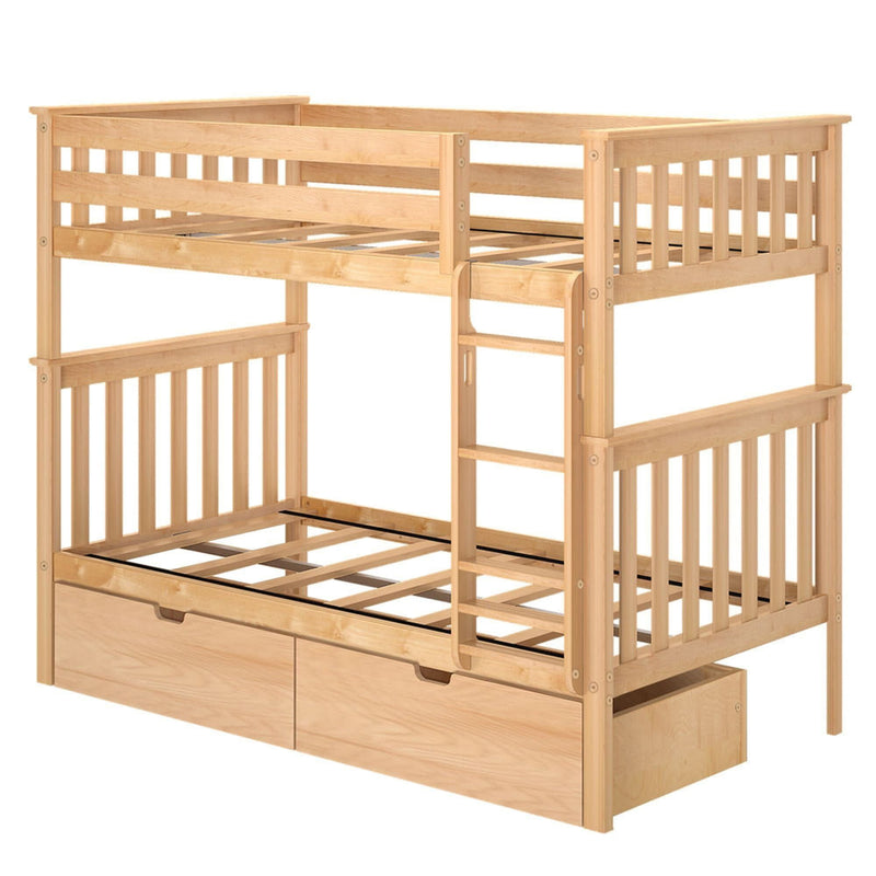 Wooden bunk bed with a ladder and storage drawers.