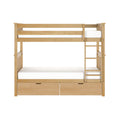 Solid wood bunk bed with ladder and under-bed storage drawers in light natural wood finish for kids' bedroom
