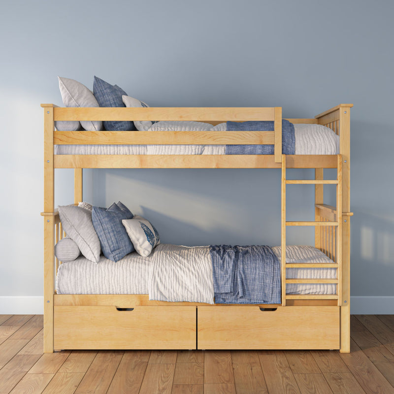 Natural wood twin-over-twin bunk bed with ladder, built-in storage drawers and blue-and-white bedding against a light blue wall in a modern kids’ bedroom