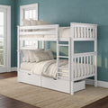 White wooden twin-over-full bunk bed with ladder and under-bed storage drawers, beige linen bedding and striped pillows against a teal textured wall and hardwood floor