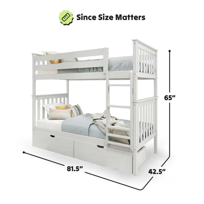 White wooden bunk bed with storage drawers, ladder, and bedding, measuring 81.5 inches long, 42.5 inches wide, and 65 inches high.