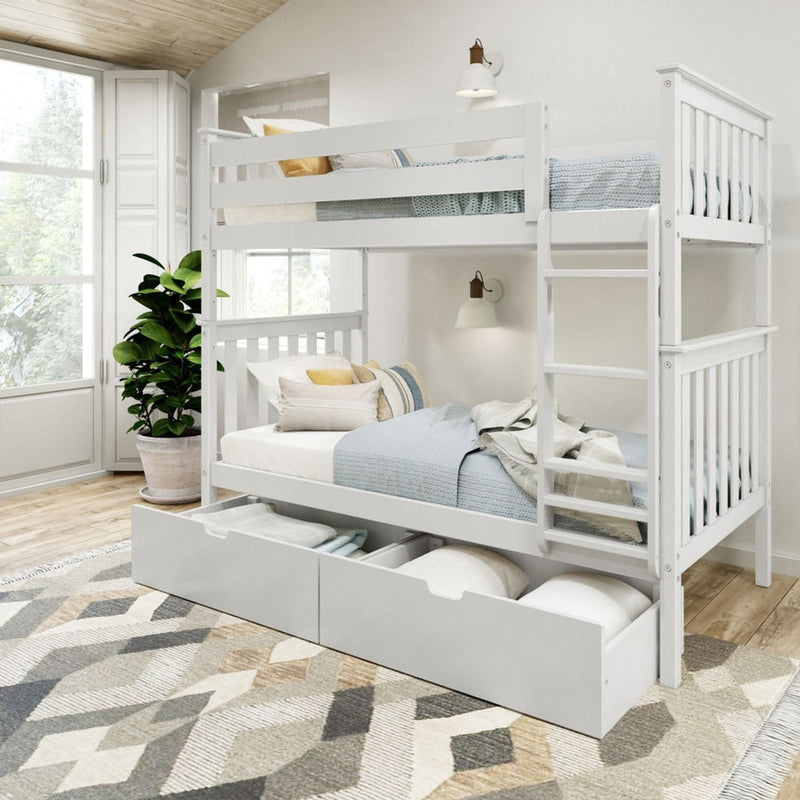 White wooden bunk bed with storage drawers in a modern, cozy bedroom featuring natural light and a geometric rug.