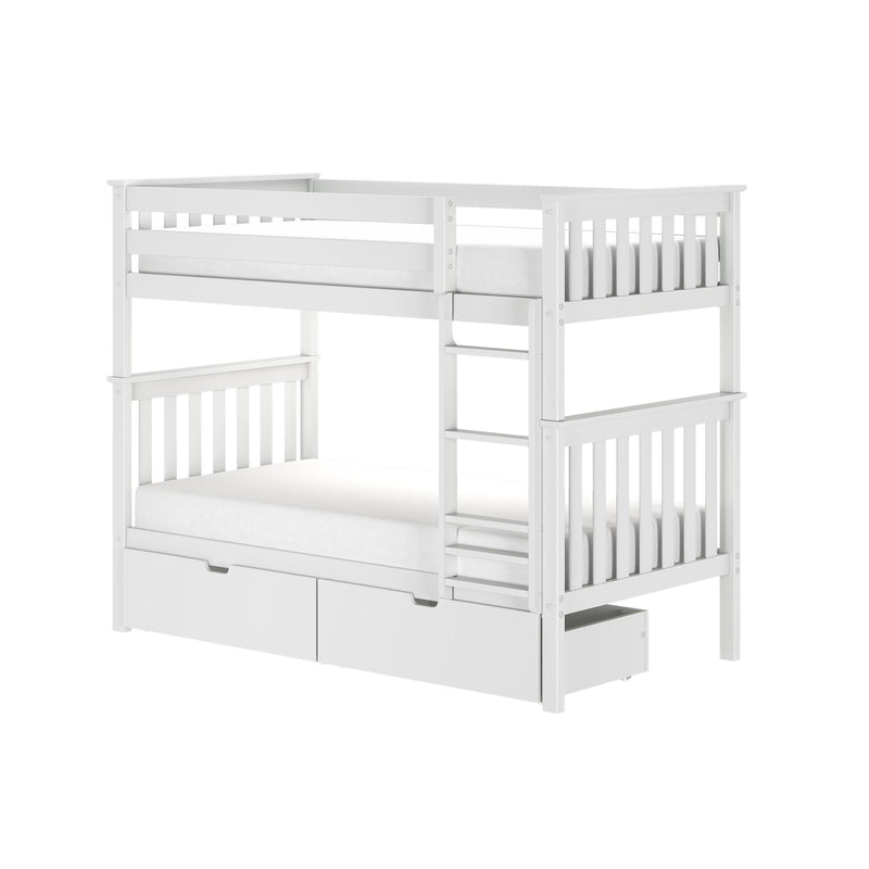 Modern white wooden bunk bed with ladder, safety rails and built-in under-bed storage drawers for children's bedroom
