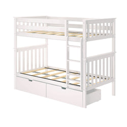 White wooden bunk bed with storage drawers and ladder, perfect for kids' bedroom organization and space-saving.