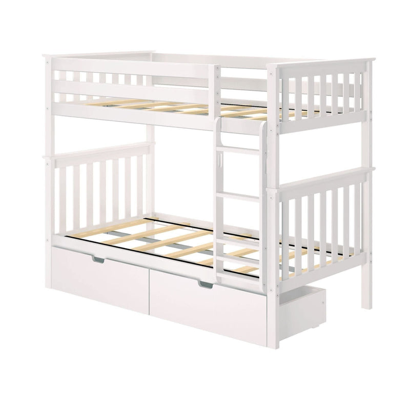 White wooden bunk bed with storage drawers and ladder, perfect for kids' bedroom organization and space-saving.
