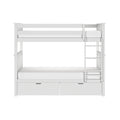 White wooden bunk bed with ladder and built-in under-bed storage drawers, modern kids' bedroom furniture