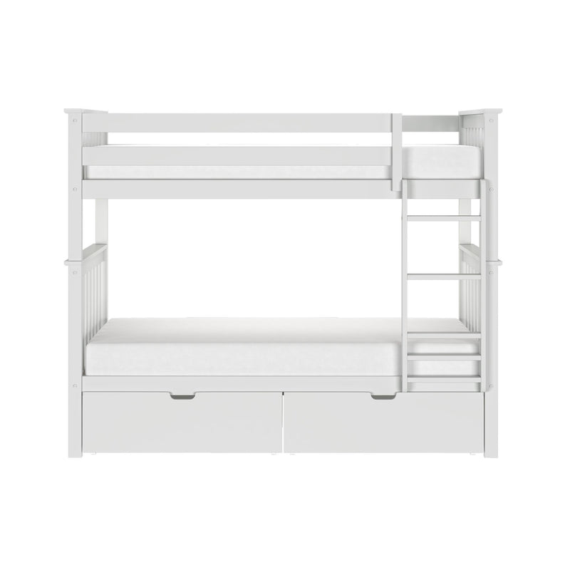White wooden bunk bed with ladder and built-in under-bed storage drawers, modern kids' bedroom furniture