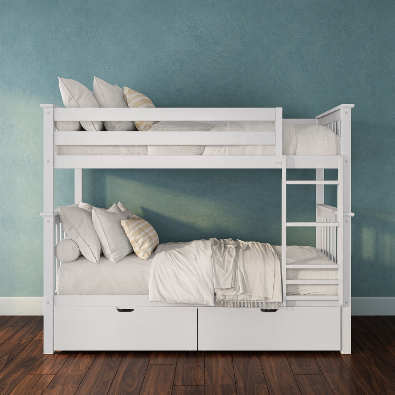 White wooden bunk bed with built-in storage drawers, neutral linens and pillows against a teal textured wall in a modern kids' bedroom
