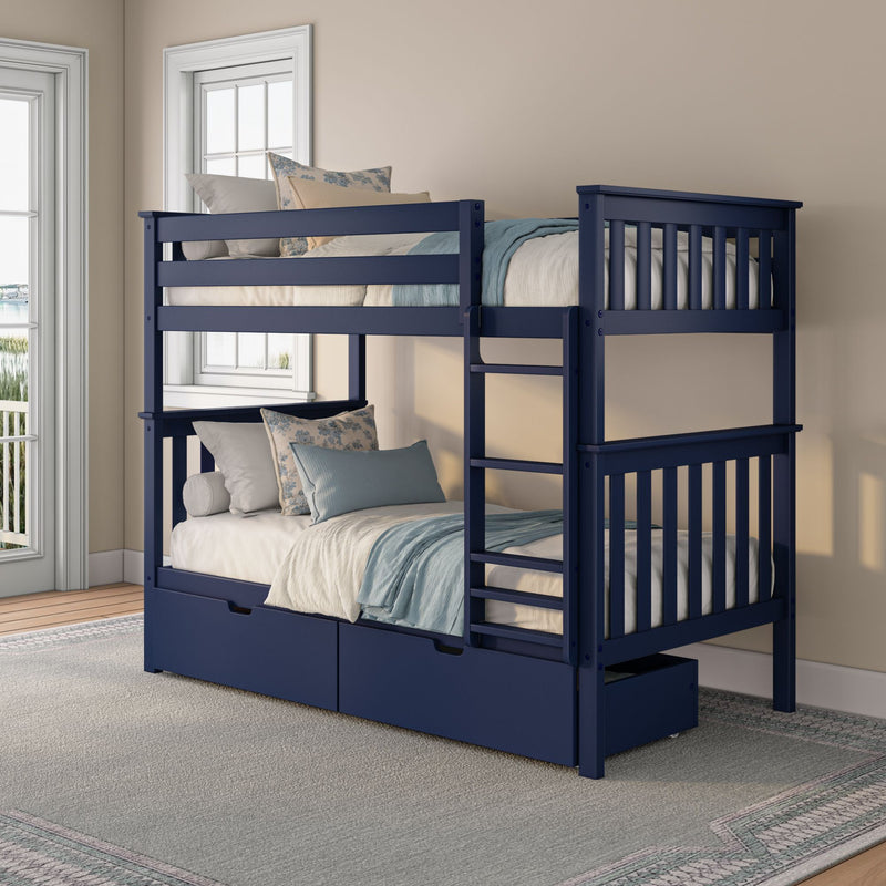 Navy blue wooden twin-over-twin bunk bed with ladder and underbed storage drawers in a coastal-style bedroom with blue and beige bedding and white window trim