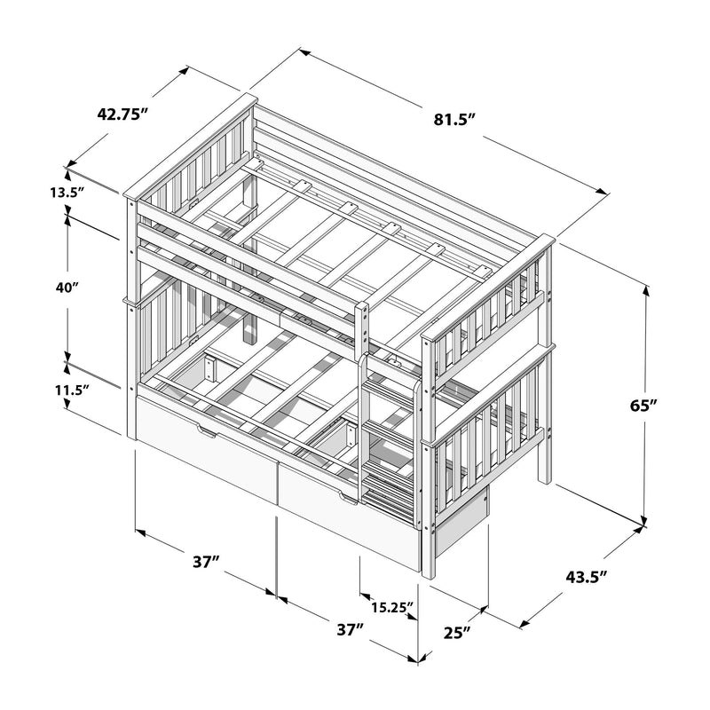 Technical line drawing of a wooden bunk bed with ladder, guardrails, and under‑bed storage drawer, annotated with assembly dimensions (81.5 in length, 43.5 in width, 65 in height)